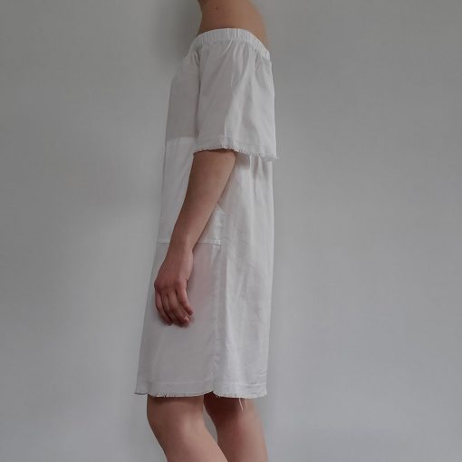 Raw Hem Off Shoulder Pocket Dress - White