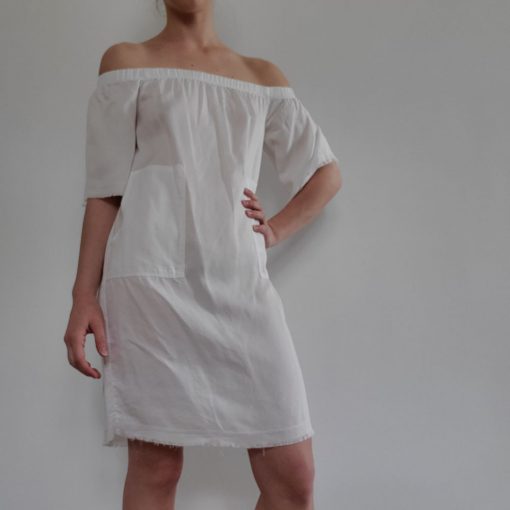 Raw Hem Off Shoulder Pocket Dress - White - Final Sale