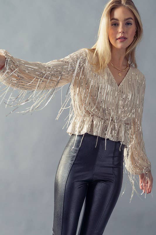 Sequin Fringe Crop Blouse - Silver