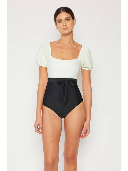 Puff Sleeve One Piece Swimsuit - Black & Cream