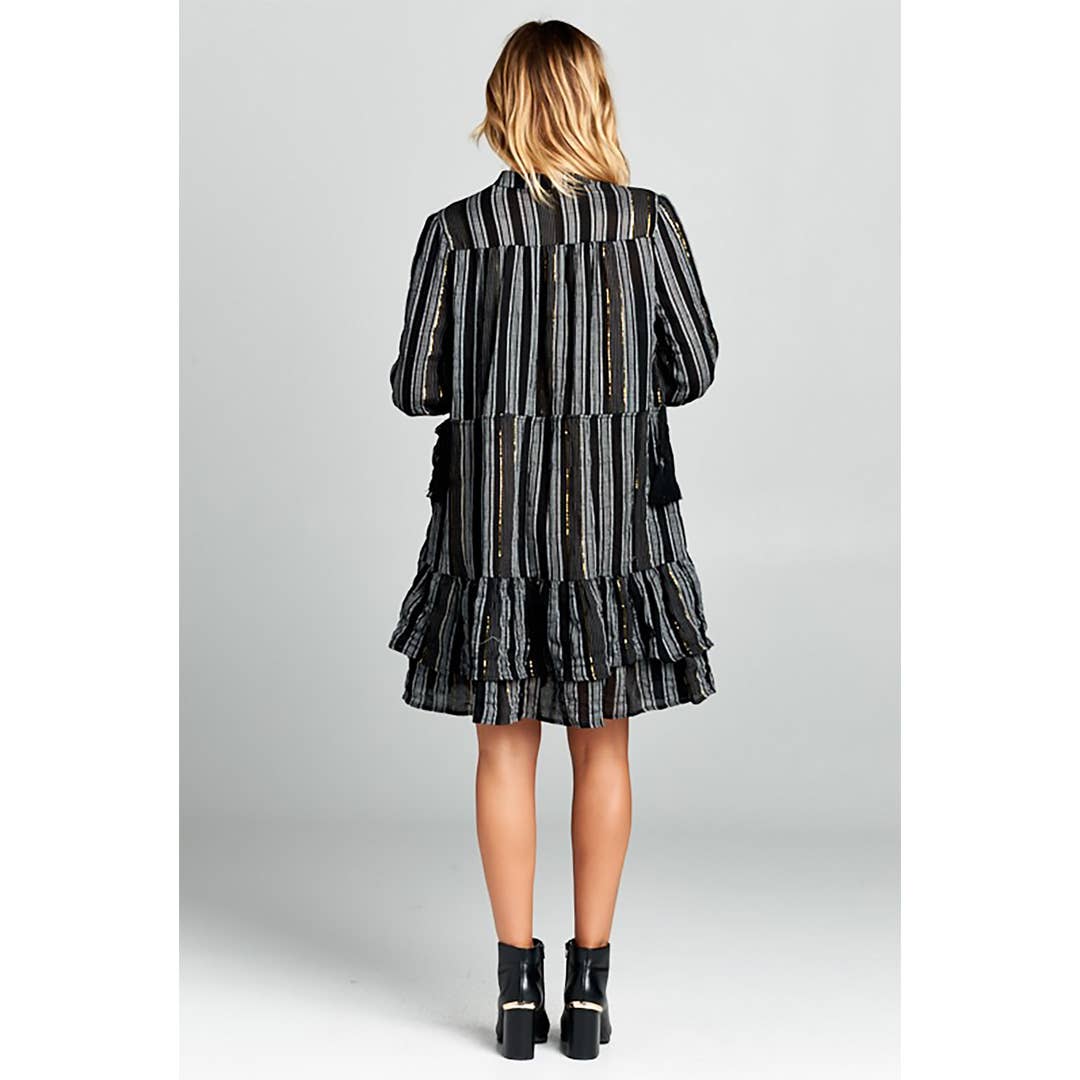 Striped Ruffle Shirt Dress - Black