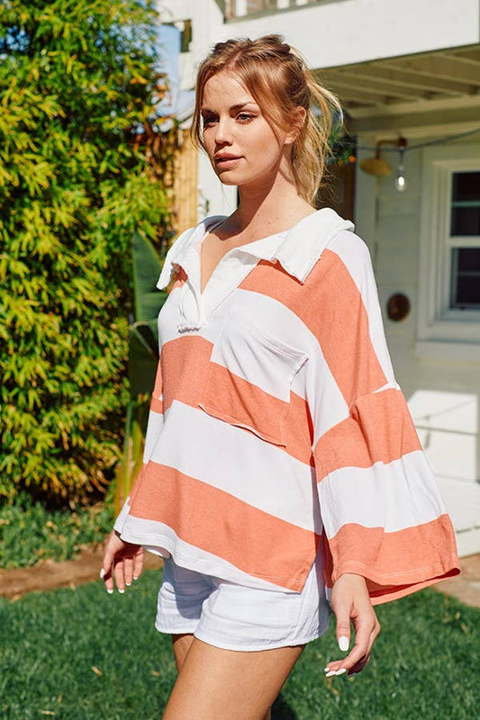 Rugby Stripe Pullover Top - Coral