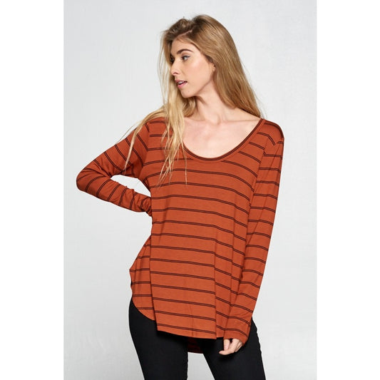 Modal Striped V Neck Top - Rust