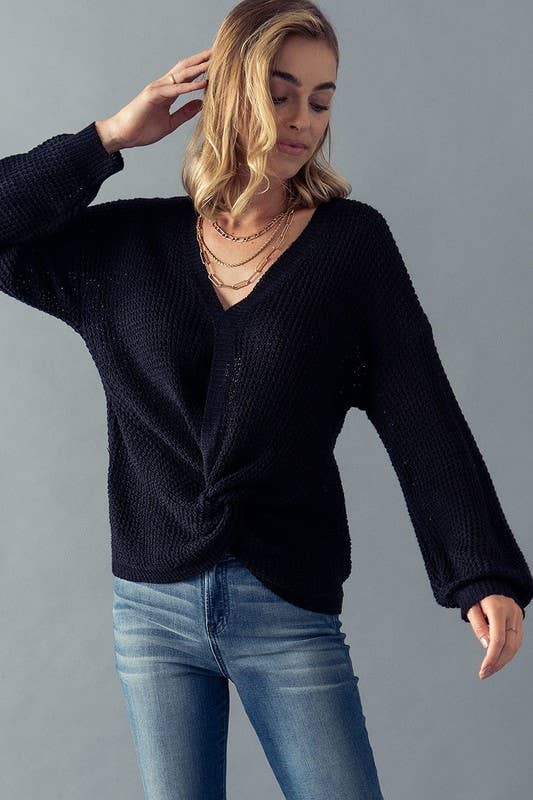 Waffle Knit Twist Front Top - Black