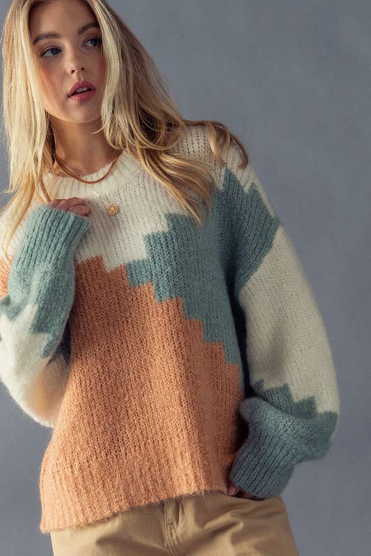 Colorblock Bishop Sleeve Sweater - Ginger