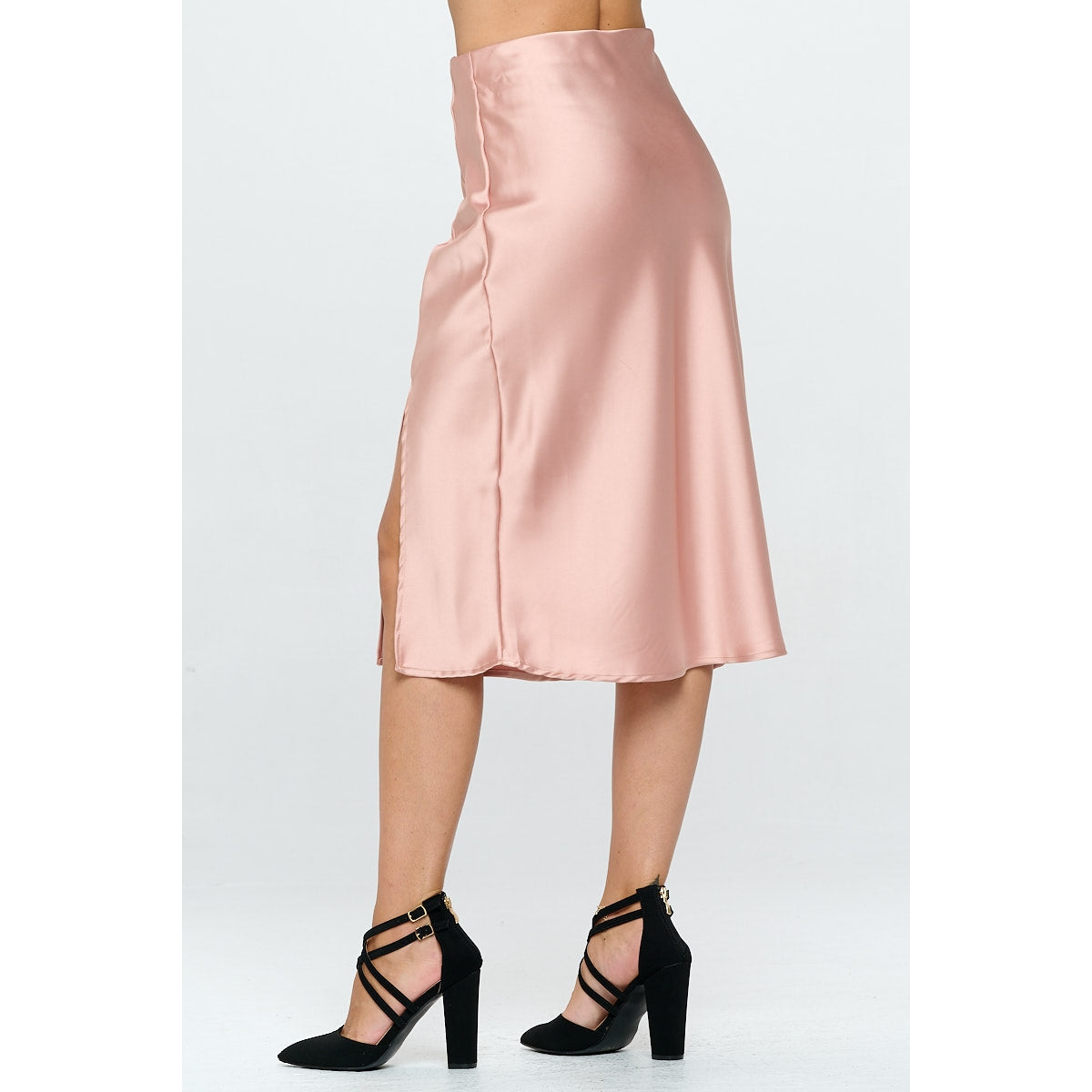 Solid Satin Midi Skirt with Slit - Rose