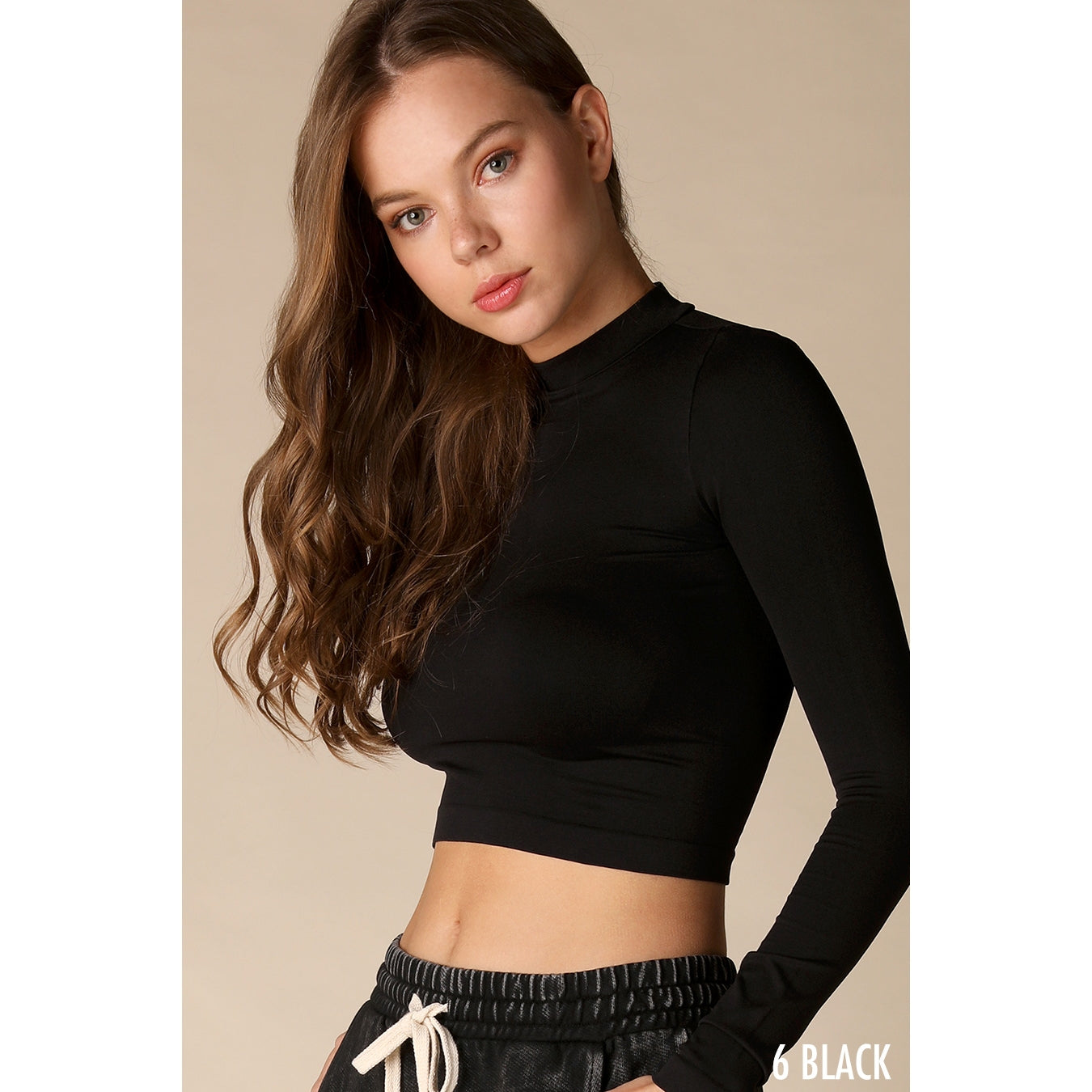 Mock Neck Long Sleeve Crop Top - Black