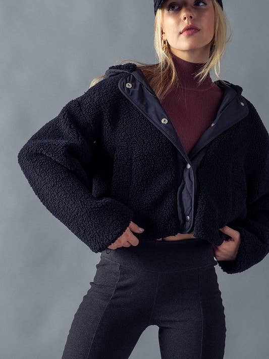 Soft Fleece Cropped Hoodie Jacket - Black