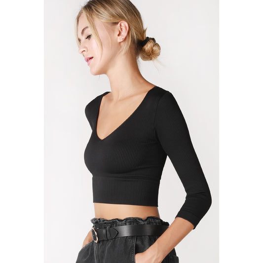 3/4 Sleeve V Neck Crop Top - Black