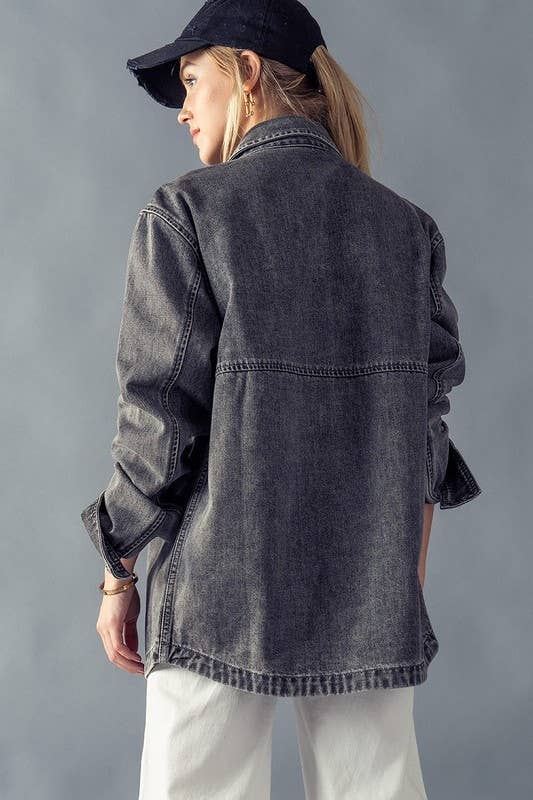 Washed Denim Snap Button Jacket - Black