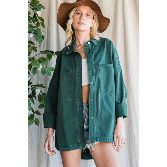 Oversized Denim Shirt Jacket - Green