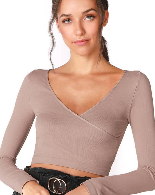 Ribbed Surplice Crop Top- Almond