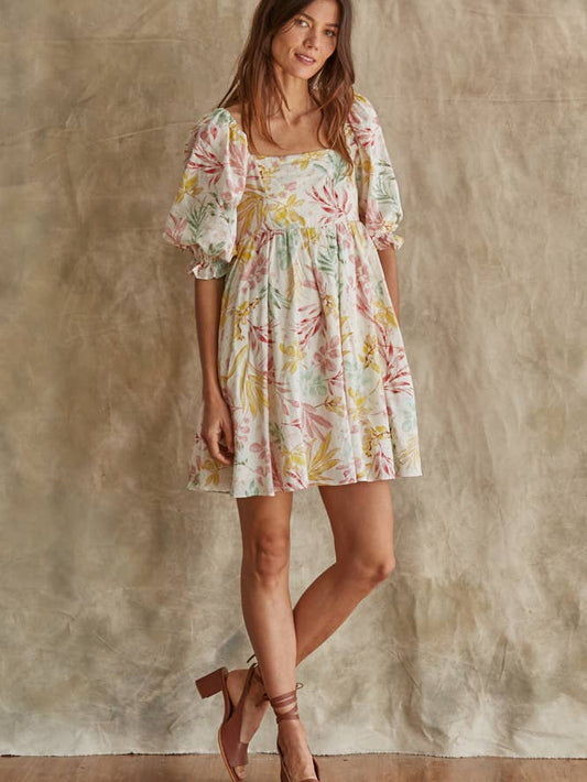 Floral Printed Square Neck Dress - Cream