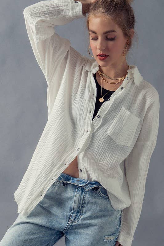 Frayed Hem Gauze Shirt - Ivory