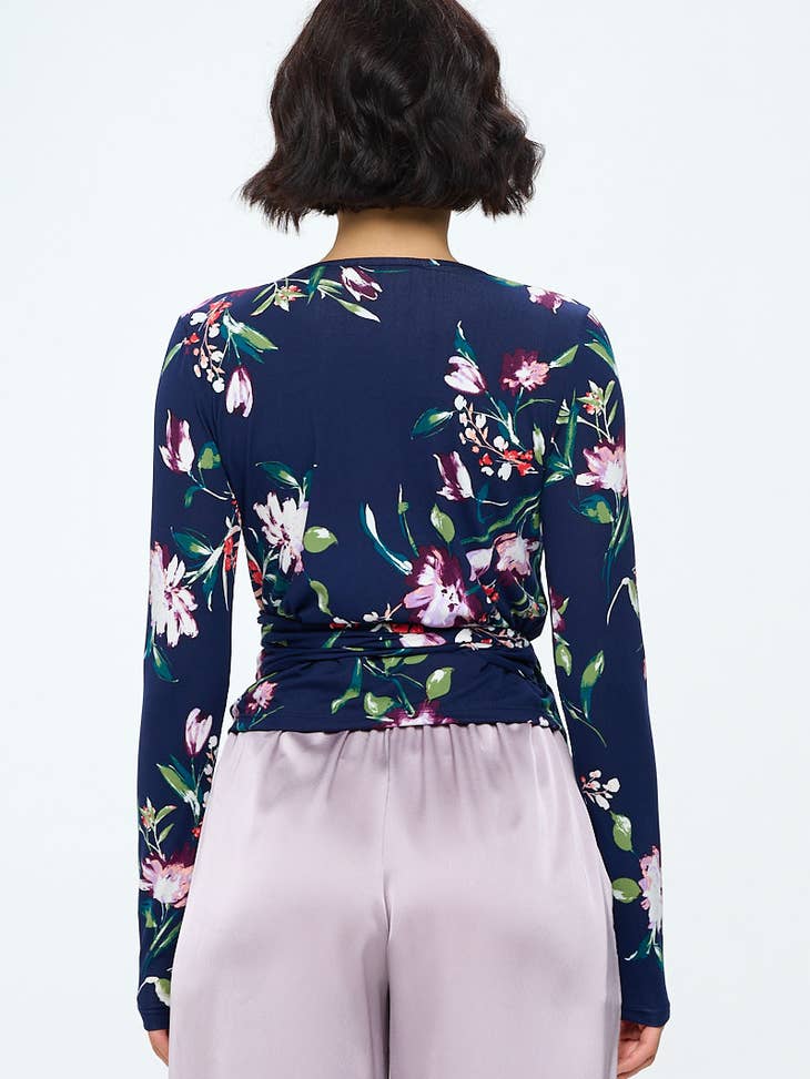 Surplice Top with Long Sleeves - Floral Multi