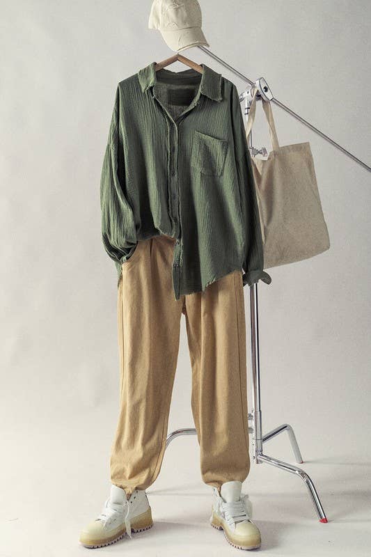 Frayed Hem Gauze Shirt - Olive