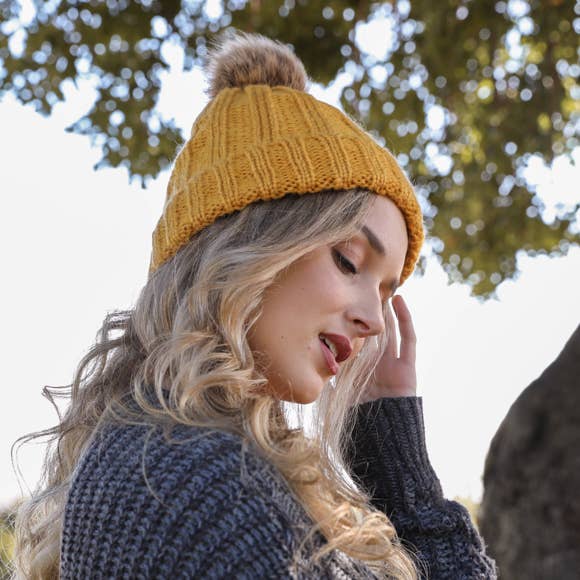 Ribbed Faux Fur Pom Beanie - Mustard