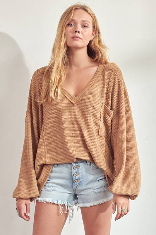 Popcorn Knit V Top - Camel