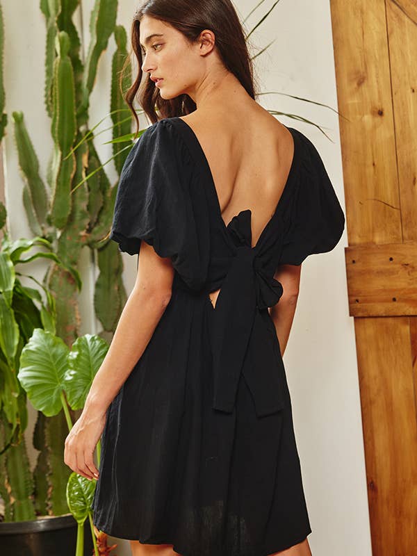 Puff Sleeve Mini Dress- Black