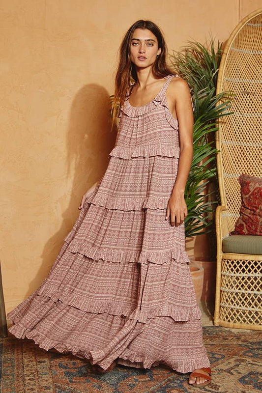 Aztec Print Tiered Maxi Dress - Dusty Mauve