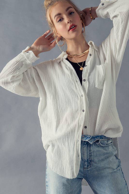 Frayed Hem Gauze Shirt - Ivory