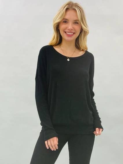 Round Neck Brushed Sweater Knit Top- Black