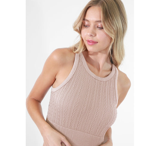 Cable Knit Highneck Crop Top - Almond