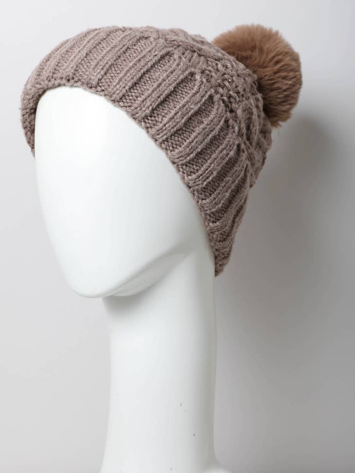 Cable Knit Faux Fur Pom Beanie - Gray