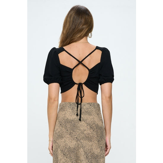 Linen Crop Top with Open Back - Black