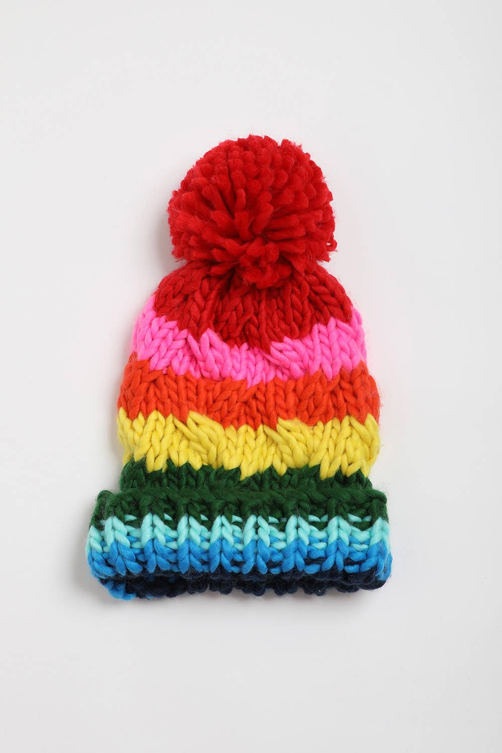 Chunky Cable Knit Beanie - Red Pom