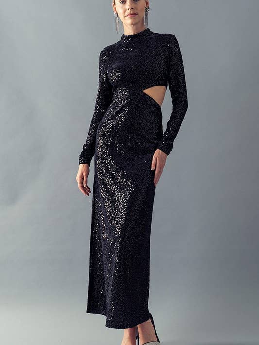 Dazzling Glitter Waist Cut Long Sleeve Dress