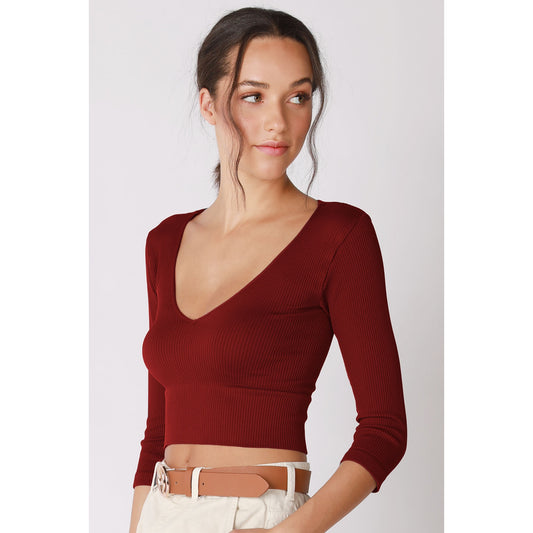 3/4 Sleeve V Neck Crop Top - Sundried Tomato