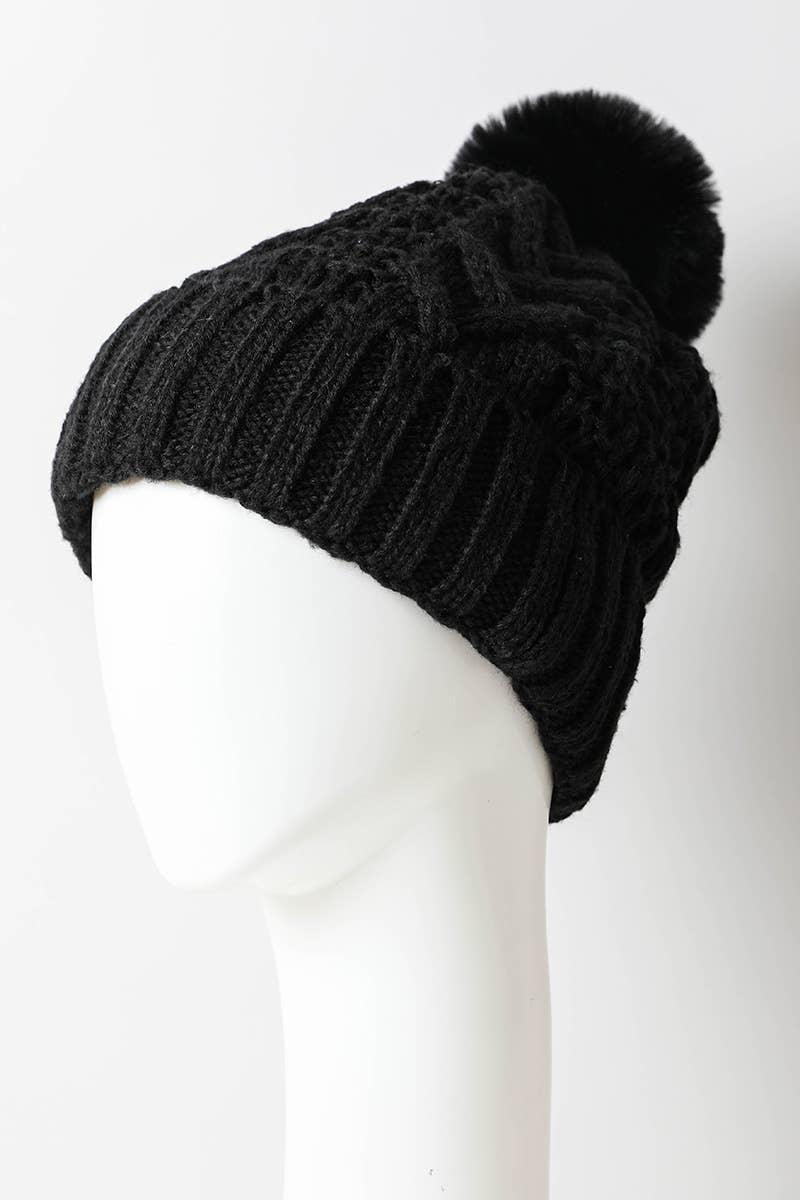 Cable Knit Faux Fur Pom Beanie - Black