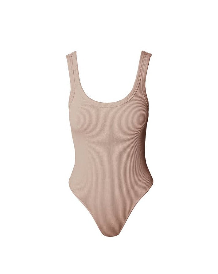 Ribbed Scooped Bodysuit - Almond