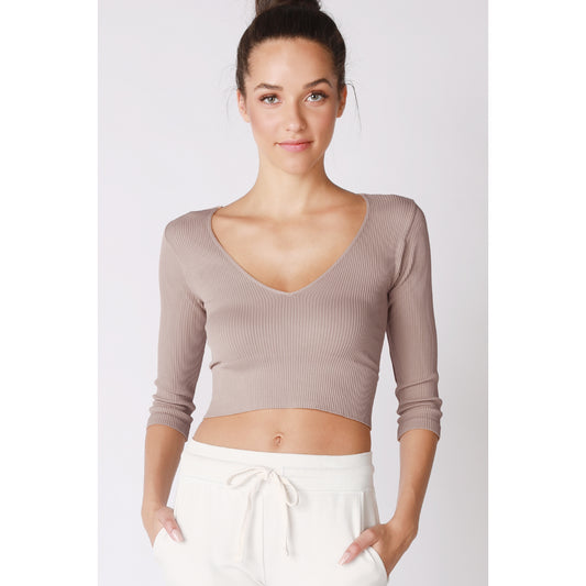 3/4 Sleeve V Neck Crop Top - Almond