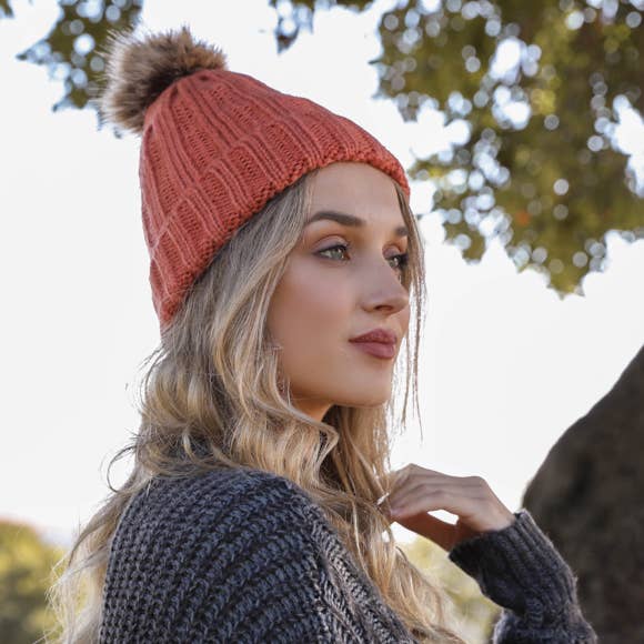 Ribbed Faux Fur Pom Beanie - Persimmon