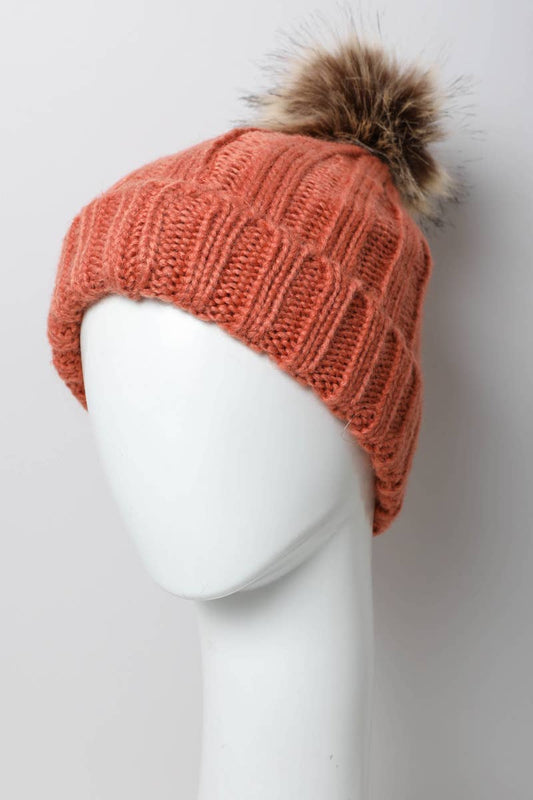 Ribbed Faux Fur Pom Beanie - Persimmon