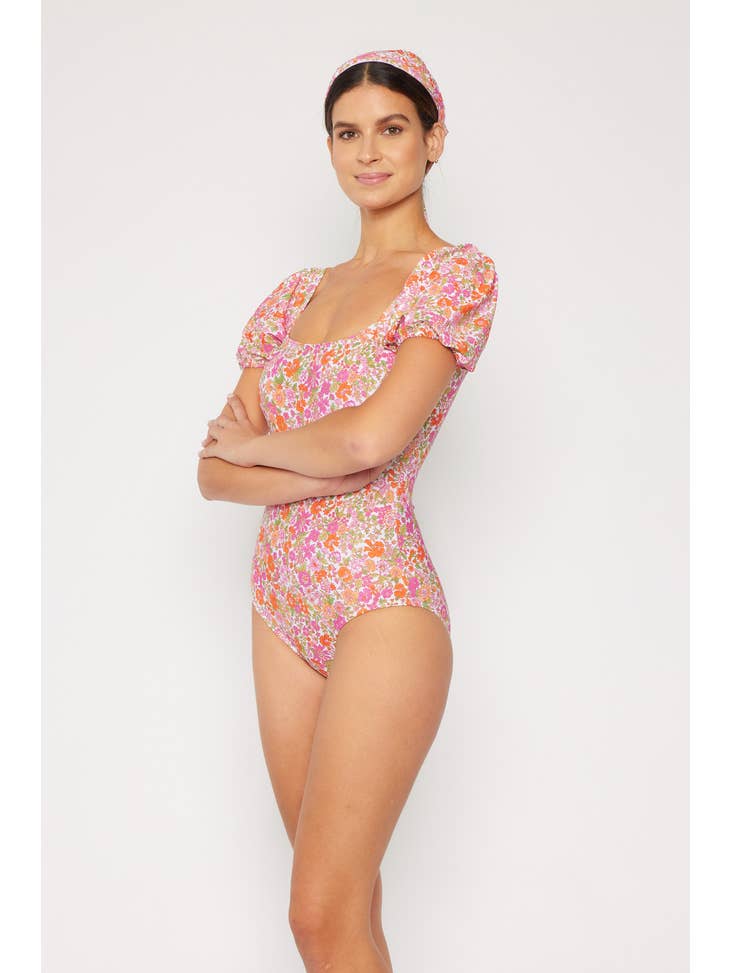 Puff Sleeve One Piece Swimsuit - Pink Floral