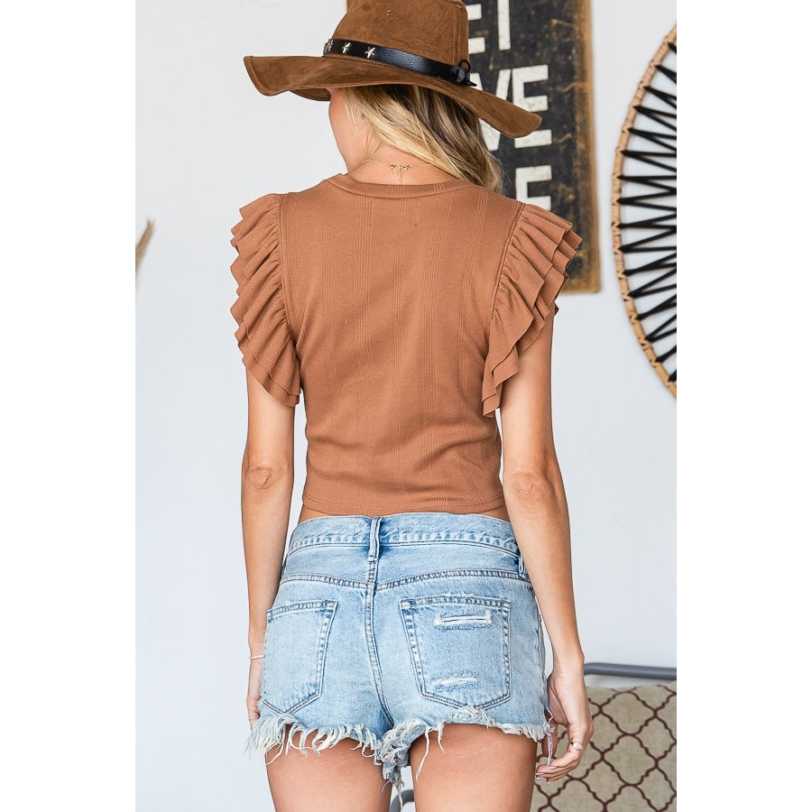 Ruffled Sleeve Cropped Top - Camel