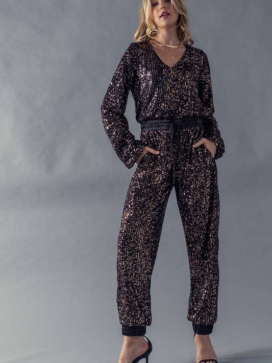 Sequin Elastic V Neck Jumpsuit - Black