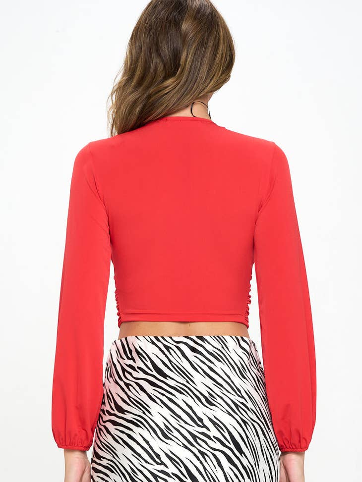 V Neck Long Sleeve Crop Top - Red