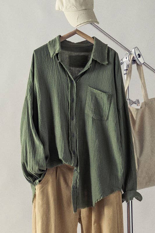 Frayed Hem Gauze Shirt - Olive