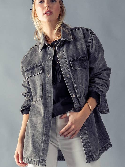 Washed Denim Snap Button Jacket - Black