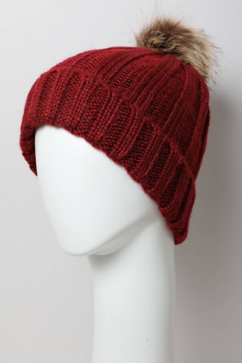 Ribbed Faux Fur Pom Beanie - Burgundy