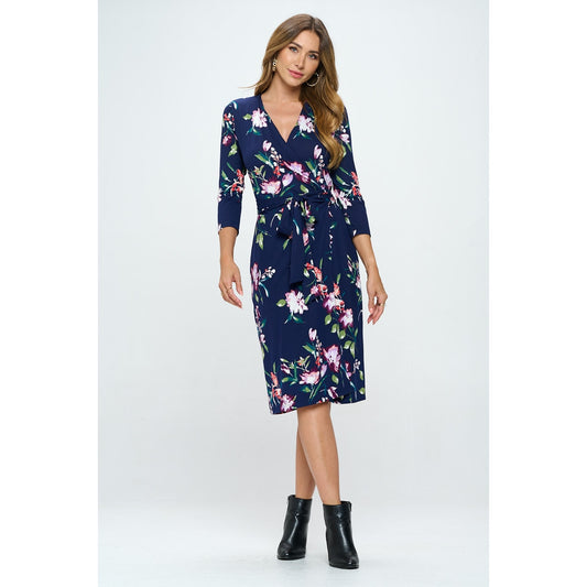 Floral Print V Neck Wrap Dress - Navy