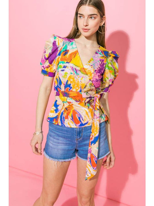 Printed Poplin Top - Purple Orange