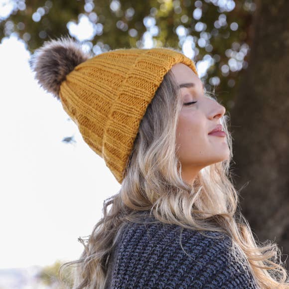 Ribbed Faux Fur Pom Beanie - Mustard