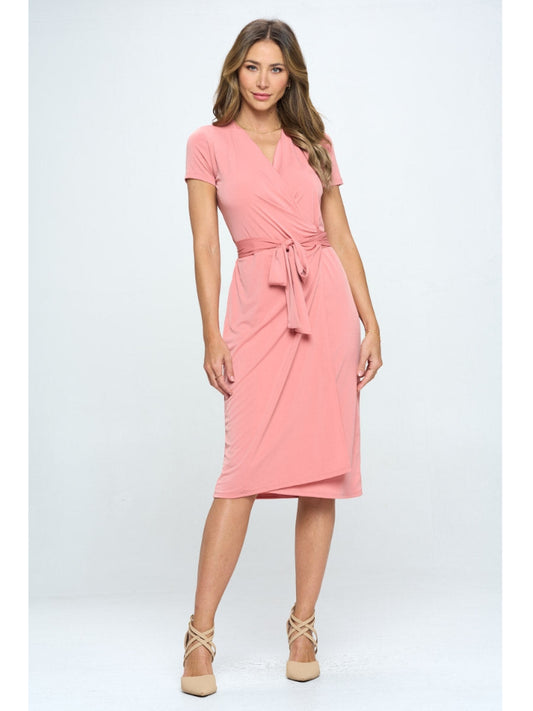 V Neck Wrap Dress with Tie - Pink