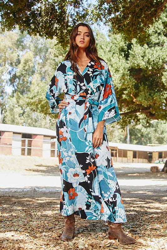 Kimono Wrap Maxi Dress - Blue Multi