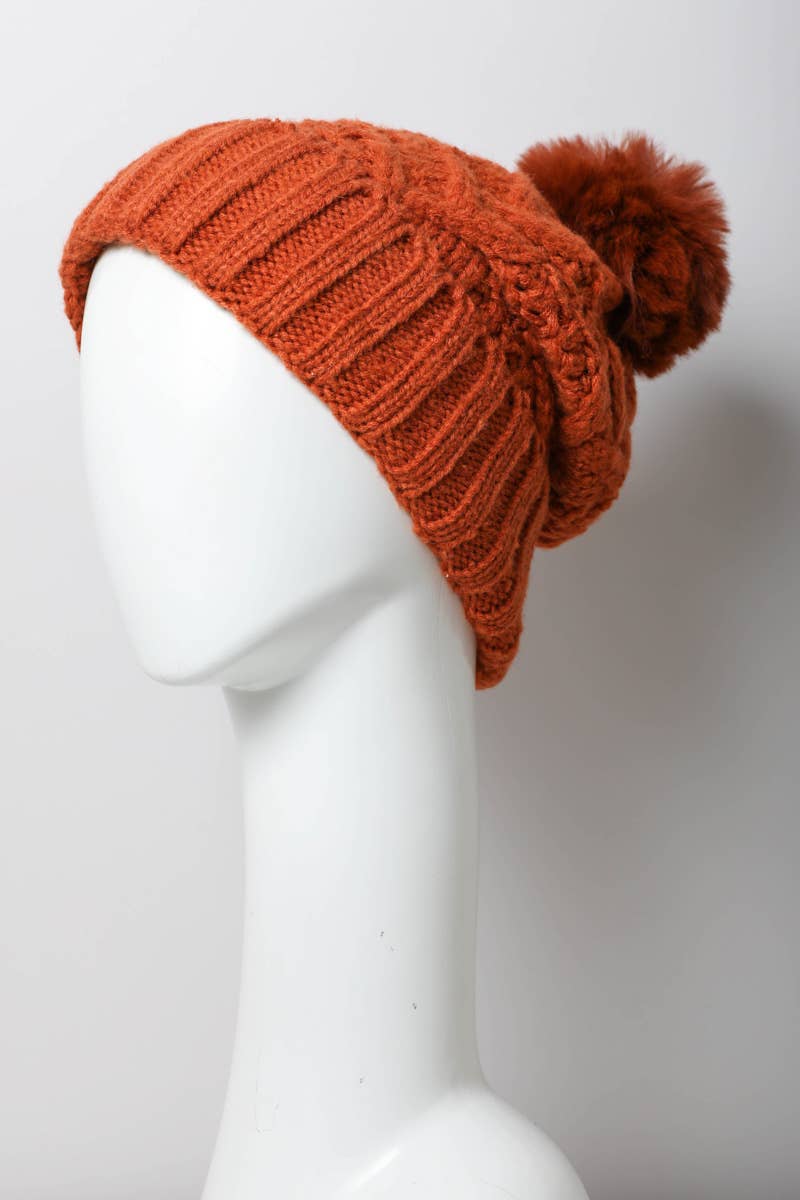 Cable Knit Faux Fur Pom Beanie - Rust